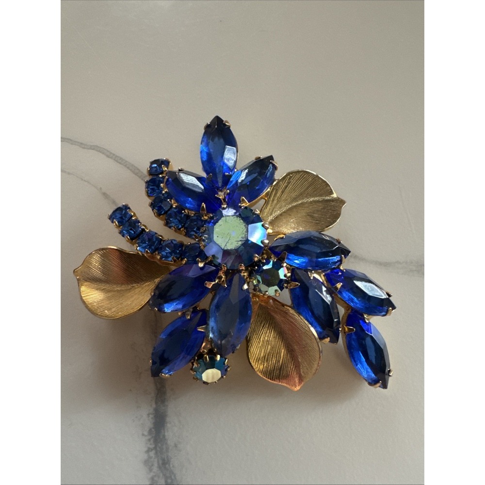 Vintage Juliana Gold Tone Cobalt Blue Color Rhinestone Swag Brooch Ref #5733